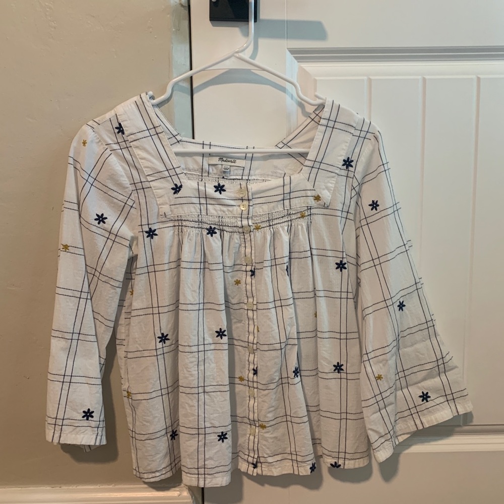 Embroidered Windowpane Square-Neck Button-Down Top - Picture 5 of 5